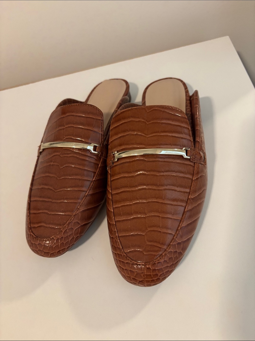 Kelly & Katie Brown Croc-Embossed Slip-On Loafers with Gold Accent